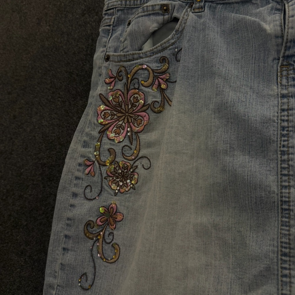Angels Denim Mini Skirt Light Wash Floral Embroidered Sequin Size 34 Glam Y2K - Picture 7 of 12